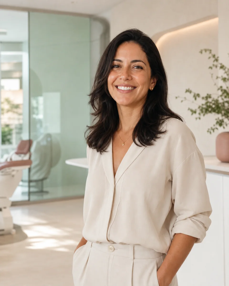 Mulher adulta sorrindo naturalmente em uma clínica odontológica acolhedora